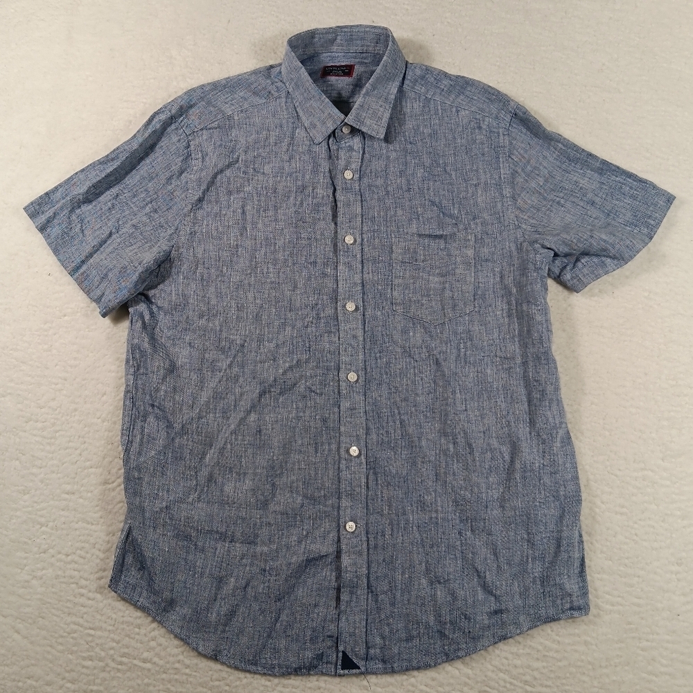 Untuckit Shirt Mens Large Blue Shirt Sleeve Button Up 100% Linen Chambray